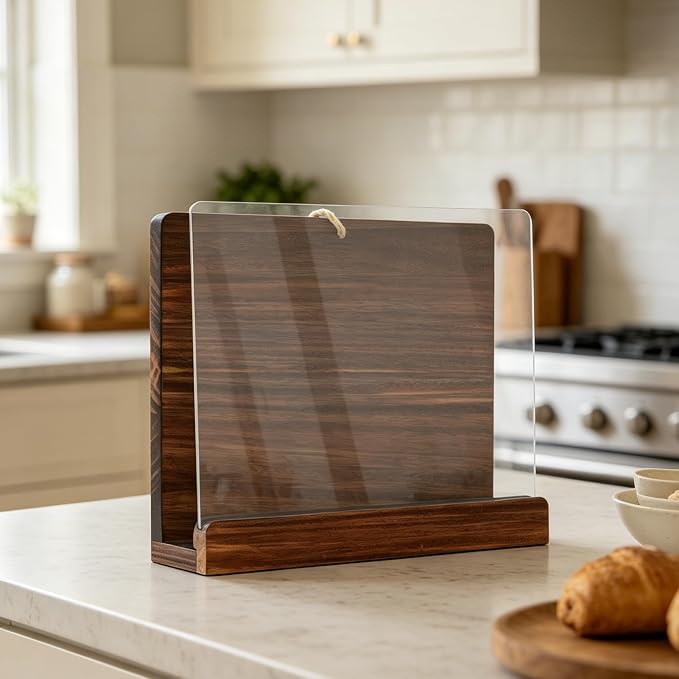 Cookbook Stand for Kitchen Counter, Acrylic Shield Recipe Book Holder, Wooden Cookbook Holder,Adjustable Easily Keep Books Open for Convenient Cooking, iPads Tablets, Retro Kitchen Decor Rustic Brown