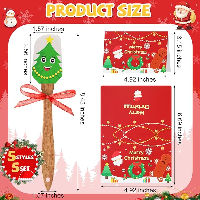 Newtay 5 Sets Christmas Silicone Spatula Cake Spatula Bulk Cooking Scraper with Wooden Handle Xmas Greeting Card Ribbon for Christmas Decoration Holiday Gifts Kitchen Party Favors (Cute Style)