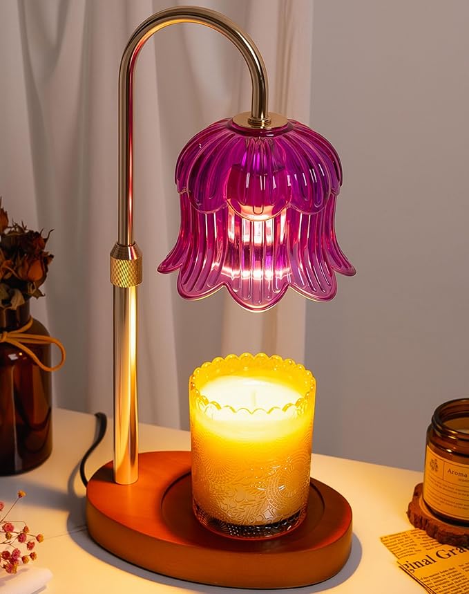 Warlisou Adjustable Candle Warmer Lamp with Timer - Purple Lampshade + Walnut Wooden Base