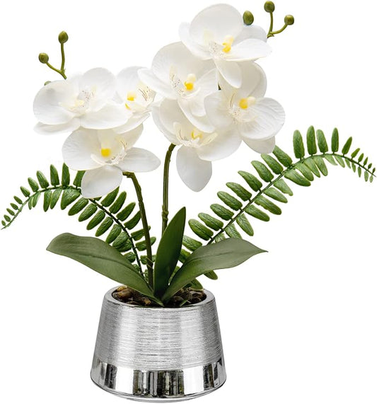 Oairse White Orchids Artificial Flowers in Silver Pot Faux Phaleanopsis Orchid Bonsia Fake Orchid Centerpiece for Dining Room Table