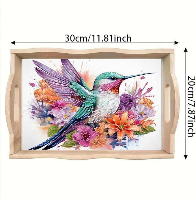 DIY Diamond Serving Tray Rectangular Breakfast Tray with Handle Handmade Diamond Art Painting Wooden Tray Spring Creative Dinner Plate Coffee Room Living Home Organizer-Hummingbird02