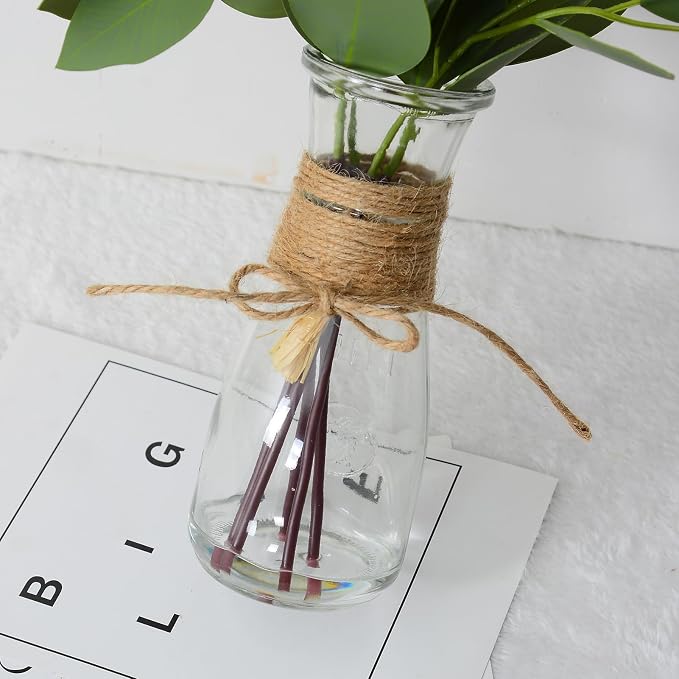 Artificial Eucalyptus Stems in Glass Vase with Faux Water for Table Centerpieces, Fake Eucalyptus Stems and Leaves Greenery in Vase for Home Office Decor