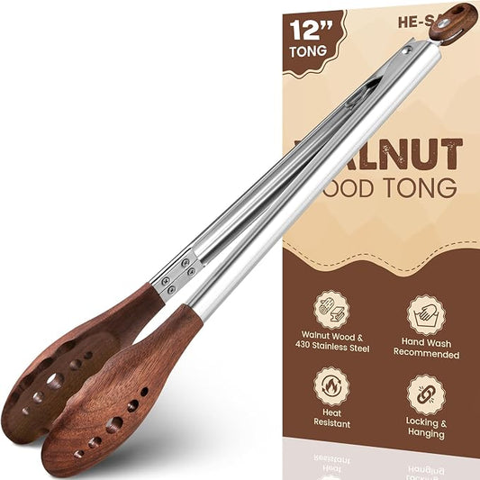 12-Inch Wooden Tongs for Cooking - Heat Resistant Natural Walnut Wood Kitchen Tongs, Stainless Steel Salad Tong with Walnut Wood Tips for Serving Food, Cooking, Tossing Salad, Grilling, BBQ (12 Inch)