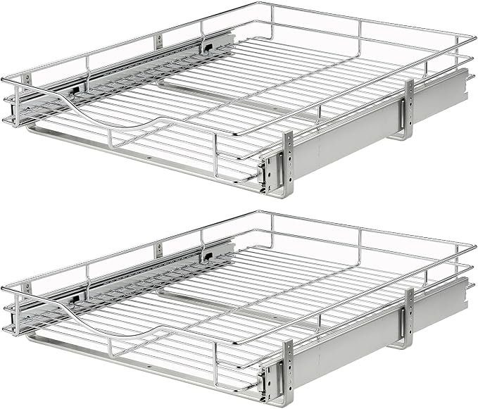 DINDON Pull Out Cabinet Organizer, (14" W x 18" D) Heavy-Duty Metal Sliding Drawer Shelf, Bathroom Under Sink Kitchen Cabinets Organizer and Storage Slide Out Shelves, Chrome, 1 Tier, 2 Pack