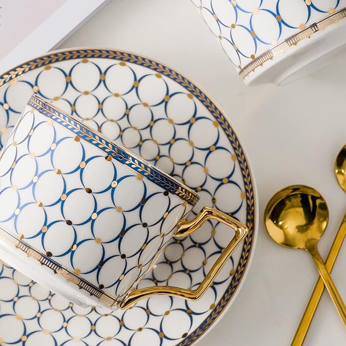 CwlwGO-European Bone China Tea Cup Sets, Blue and White Porcelain Tea Cups and Saucers Service for 4,Tea Sets For Women Party or Gifts Giving.
