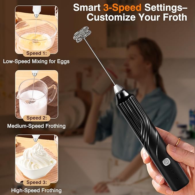 Milk Frother Handheld, Rechargeable Coffee Frother Wand with 3 Speeds, Electric Foam Maker Drink Mixer for Lattes Cappuccino Matcha Eggs, Hand Mixer for Hot/Cold Milk,Black