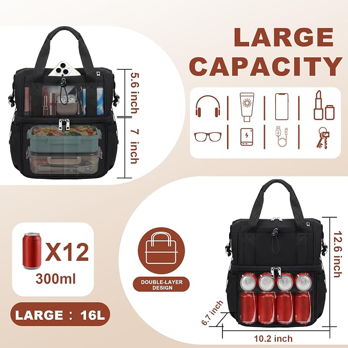 LOIDOU Lunch Bag for Women Men, Double Layer Leakproof Lunch Box, Insulated Quilted Reusable Tote Bags Large Capacity Work Lunchbox for Adult, Office, Nurse, Teacher