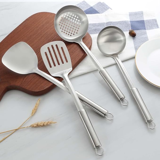 Pleafind Cooking Utensils Set - 4 Pcs Stainless Steel Kitchen Utensils, Wok Utensils Set Includes Spatula, Slotted Spatula, Ladle, Slotted Spoon, Ergonomic Handle & Heat Resistant, Dishwasher Safe