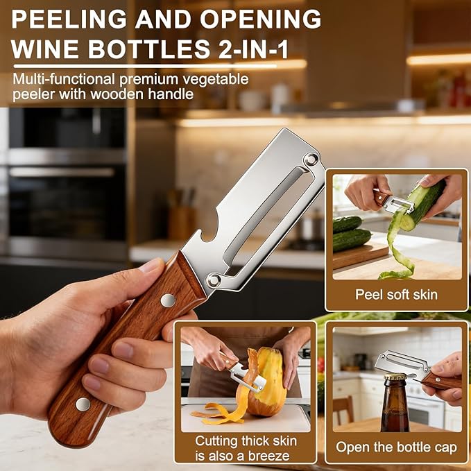MultiFunctional Vegetable Peeler for Kitchen，Multifunctional Vegetable Peeler with Wooden Handle and Bottle Opener，2-in-1 Stainless Steel Kitchen Tool for Fruit Apple Potato Pumpkin Papaya (1)