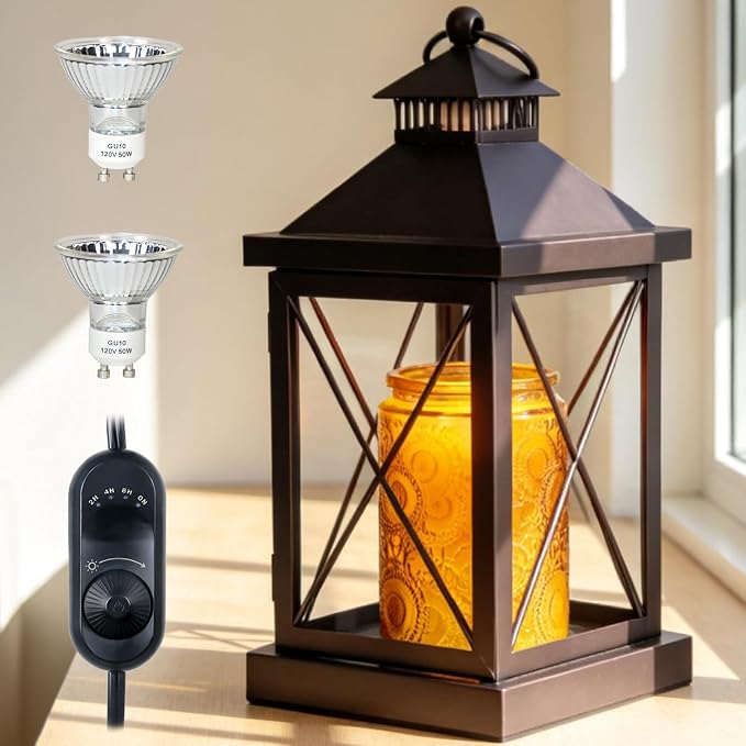 Candle Warmer Lamp with Timer,Dimmable Farmhouse Candle Lamp Warmer,Fully Enclosed and Hanging Up Designed Candle Warmer Vintage Lantern Lamp,Compatible with 3 Wick Candles Jars - Coffee