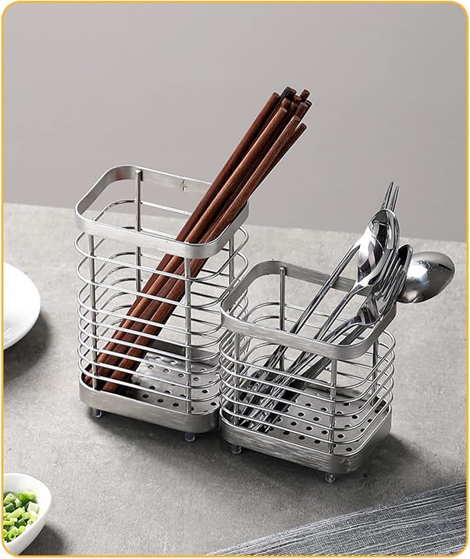 Cutlery Drainer, Stainless Steel Utensil Holder Sink Caddy, Rust Proof Sink Tidy Kitchen Sink Organiser, Cutlery Holder for Kitchen Counter (Silver)