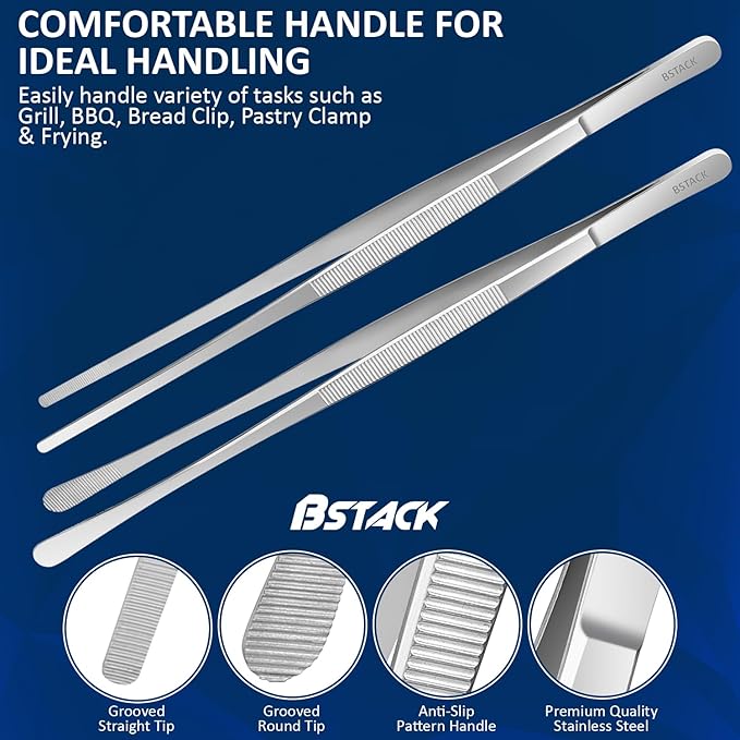 Brand Stack Kitchen Tweezers 14” Japanese Stainless-Steel Cooking Tong Tweezers Set of 2 with Precision Serrated Tip Premium Long Tweezers for Kitchen Serving Food Chef & Pasta Cooking tweezers.