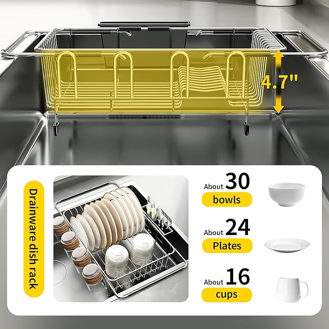 PureBox Expandable Over The Sink Dish Drying Rack - Adjustable Stainless Steel Dish Rack for Kitchen Counter or In-Sink, Heavy-Duty Rust-Proof Space Saving Drainer with Utensil Holder (15.5" to 23.2")