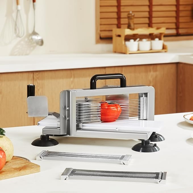 VEVOR Commercial Tomato Slicer, 1/4"+3/8"+3/16" Tomato Cutter Slicer, Stainless Steel Heavy Duty Tomato Slicer Machine, Manual Tomatoes Slicer with Non-slip Feet, Cutting Tomatoes, Cucumbers, Bananas