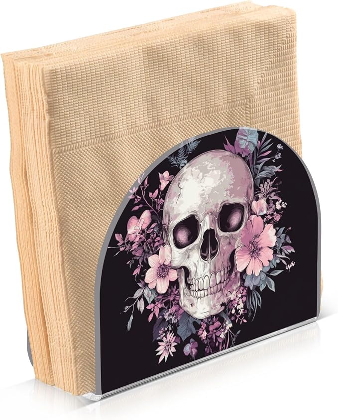 Fustylead Skull and Floral Gothic Black and Purple Napkin Holder for Table Acrylic Vertical Napkin Holders for Paper Napkins Decor Napkin Dispenser for Home Party Dining Cocktail Kitchen Accessories