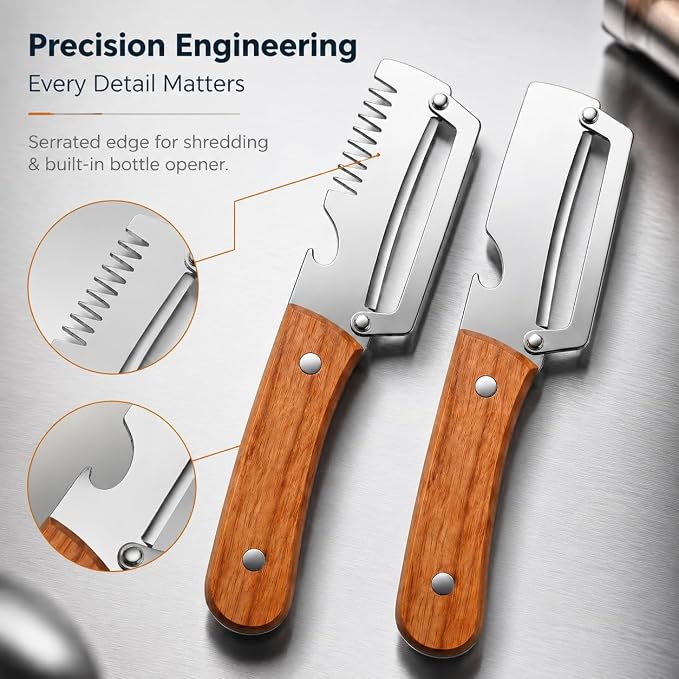 2Pcs Vegetable Peeler with Wooden Handle, Odor-Free Stainless Steel Multi Functional Vegetable Cutter, 2-in-1 and 3-in-1 Kitchen Tool with Scallion Shredder and Bottle Opener for Cooking and Camping