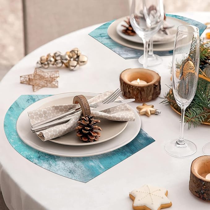 SHACOS Small Round Table Placemats Set of 5 Woven Vinyl Wedge Placemats with Centerpiece Round Table Mats Wipe Clean, Turquoise Grey Abstract Painting