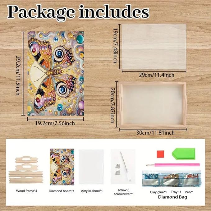 DIY Diamond Serving Tray Rectangular Breakfast Tray with Handle Handmade Diamond Art Painting Wooden Tray for Dinner Plate Coffee Room Living Home Organizer-Butterfly