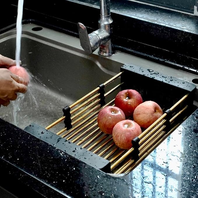 Gold Expandable Dish Drying Rack Over the Sink, Adjustable Stainless Steel Sink Drying Rack for Plates, Bowls & Utensils, Space-Saving Kitchen Counter Drainer(10-18 in)