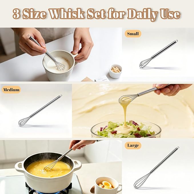 Whisks for Cooking, 3 Pack Mini Whisk for Whisking, 7"+9"+11" Tiny Stainless Steel Wire Whisk Set for Baking, Blending Eggs & Sauces, Heavy Duty Rust Proof