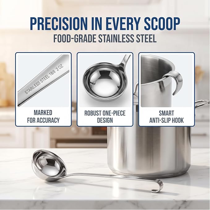 3-Pack Stainless Steel Soup Ladle Set with Hooked Long Handle 2 oz | 2 ounce serving capacity, sauce and gravy use, stew and soup serving, dishwasher safe build, comfortable hooked grip