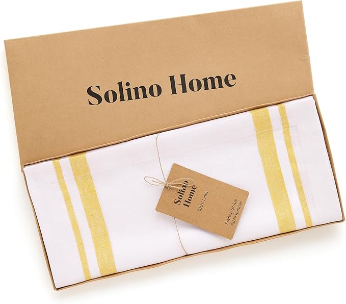 Solino Home Striped Linen Table Runner 60 Inches - 100% Pure Linen Yellow and White French Stripe Small Table Runner 14 x 60 Inch Ideal for Dresser and Coffee Tables, Spring, Summer