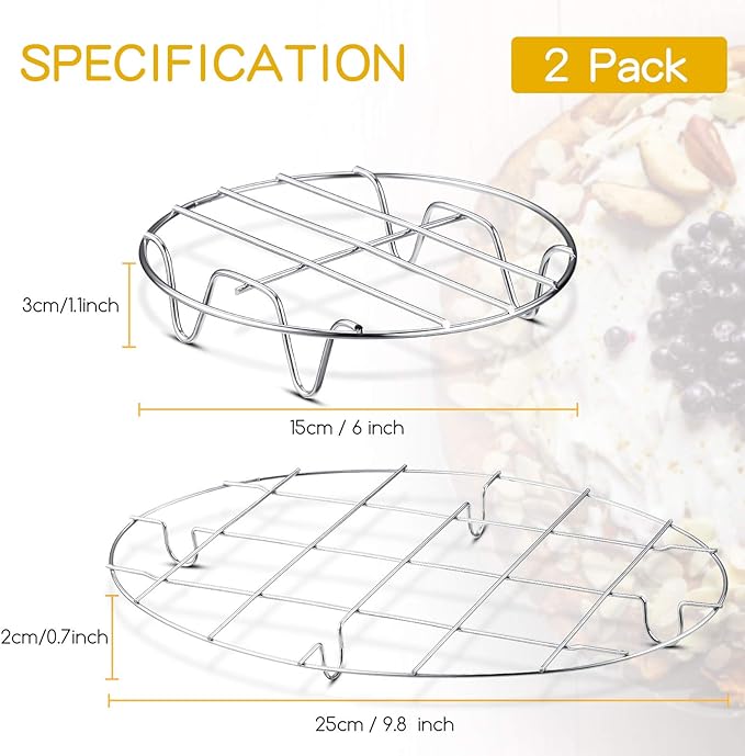 2 Pieces Small Roasting Rack Set, 9.8 x 6.7 Inch Oval Cooling Rack, 6 Inch Round Baking Rack Multifunctional 304 Stainless Steel Steamer Rack for Steaming Oven Air Fryer Pressure Cooker Dishwasher