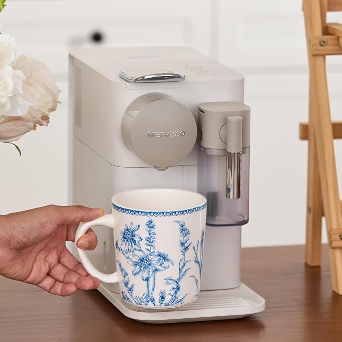 Bico Blue Garden Toile De Jouy Ceramic Coffee Mugs Set of 4, 18 oz Large Tea Cups with Handle, Aesthetic Latte Mugs for Cappuccino Cocoa, Lead-Free, Dishwasher and Microwave Safe, Housewarming Gift