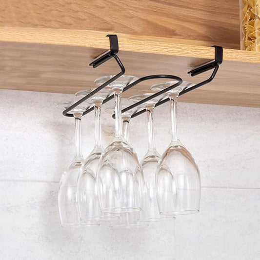 V3VOGUE Black 1/2 Row Wine Glass Rack Under Cabinet, Stainless Steel Wall Mounted Hanging Rack Shelf, Stemware Glasses Cups Storage Organizer Hanger Racks, Easy to Install
