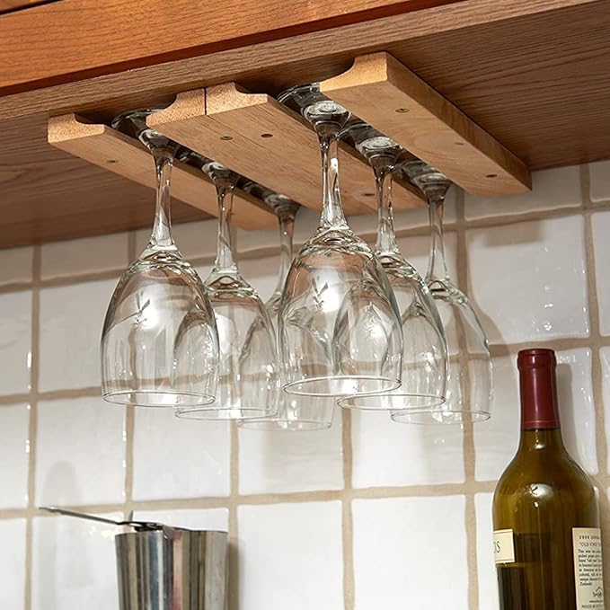 Woody Wine Glass Holder Rack 11 Inch Woody Hanging Wine Glass Holder Mounted Under-Cabinet Stemware Storage Rack with 8 Mounting Screws No Drilliing(4 rows 2 rows)