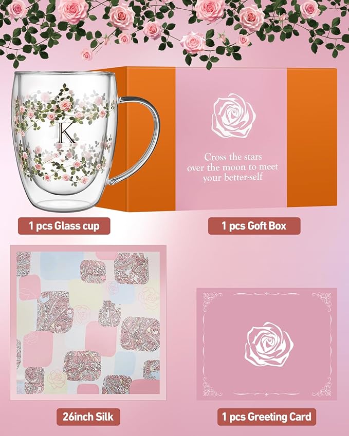 Initial Glass Cup for Women, 12oz Rose Double Walled Glass Coffee Mugs, Personalized Gifts for Women, Initial Coffee Tea Mug with Scarf, Birthday Wedding Gifts for Mom Teacher (ROSE-L)
