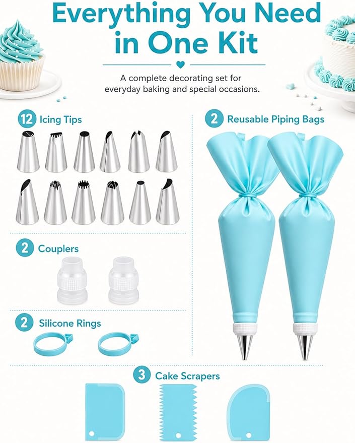 Piping Bags and Tips Set, Reusable Cake Decorating Supplies with 2 Reusable Bags, 12 Icing Tips, 2 Silicone Rings, 2 Couplers and 3 Scrapers, Cake Baking Tools for Cookie Icing Cupcakes