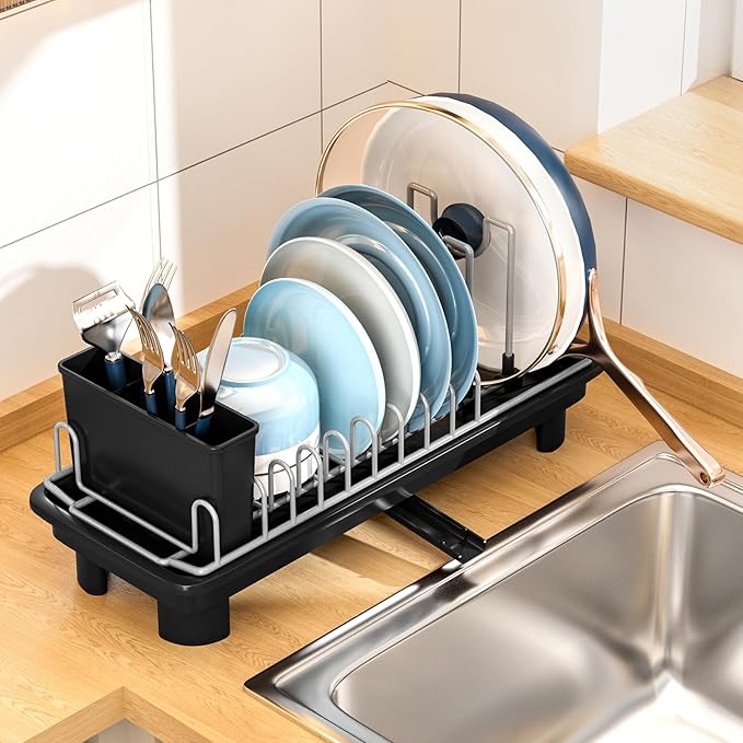 Compact Dish Drying Rack with Utensil Holder – Small Countertop Dish Drainer with 360° Rotating Drain Spout, Stainless Steel Dish Rack for Kitchen Sink, Space-Saving Design for Small Kitchen