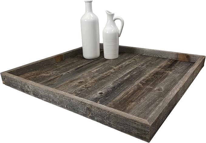 Wooden Ottoman Tray with Felt Pad – Decorative Couch Serving Tray Made with Real Rustic Reclaimed Wood - Perfect for Living Room Ottomans, Sofas, & Coffee Tables -24" x 24" - Natural Weathered Gray