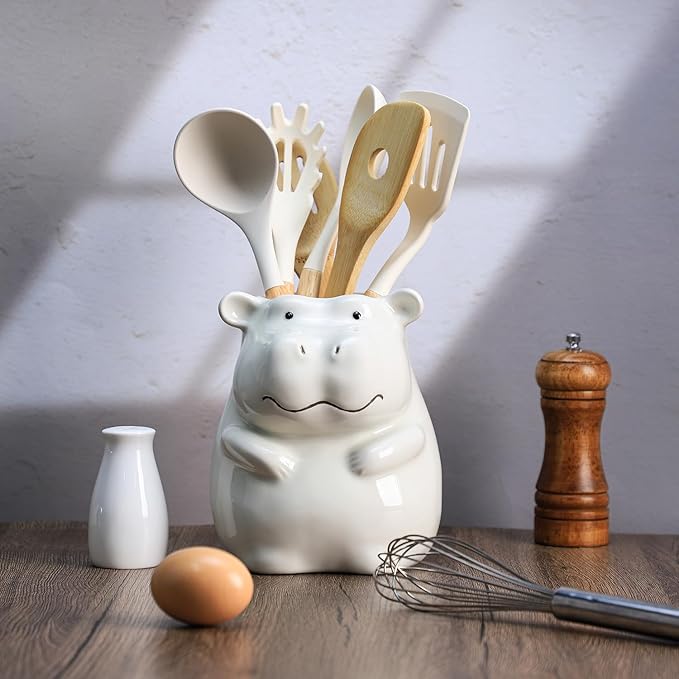 Ceramic Cartoon Animal Pattern Kitchen Utensil Holder, Large Cooking Utensil Crocks for Kitchen Countertop, Cartoon Style Utensil Organizer - Hippo