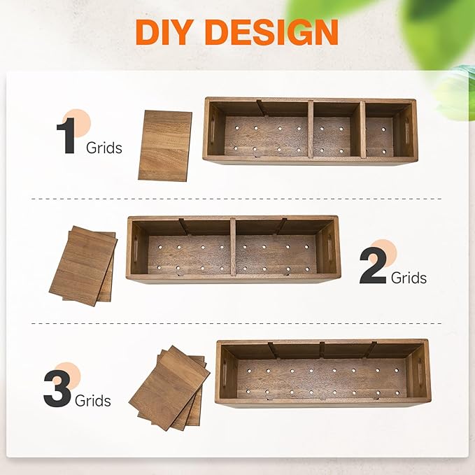 Wooden Utensil Holder Counter, Kitchen Utensil Organizer Large 4 Compartment Cooking Utensils Holder, Acacia Rustic Wood Farmhouse Storage Container Crocks for Silverware and Cooker Set