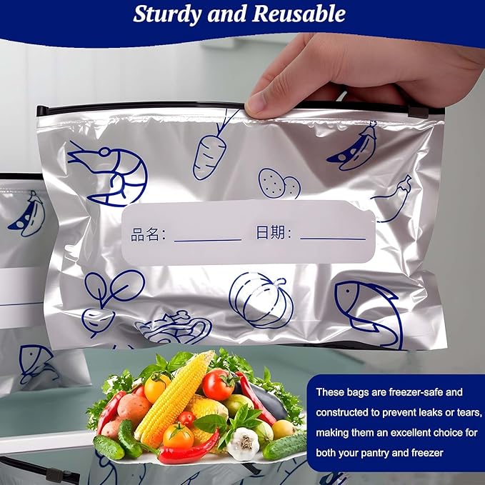 Reusable Aluminum Foil Sealable Storage Bags - Freezer Bags, Resealable Stand Up Pouches for Fresh Keeping, with Label, Zip Lock, Suitable for Vegetable, Fruit, Meat, and More,3 Size (15)