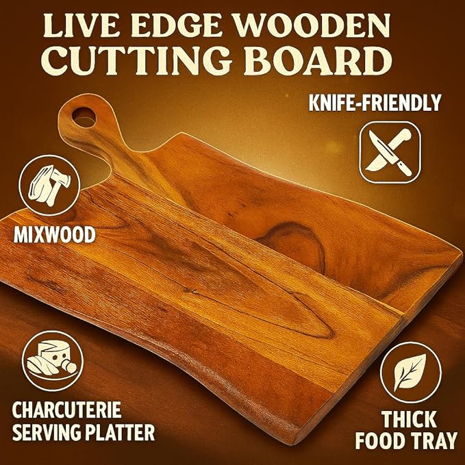 Live Edge Wooden Cutting Board, Mixwood Chopping Board with Handle for Kitchen, Knife-Friendly Butcher Block, Charcuterie Cheese Serving Platter, Thick Food Prep Tray for Meat, Vegetable, 17"x12"