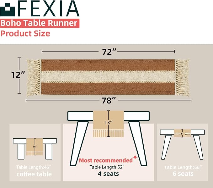 FEXIA Boho Table Runner for Home Decor with Tassels 72 Inches Long Farmhouse Rustic Caramel Table Runner Macrame Burlap Table Decoration for Living Room Bridal Shower (12x72 Inches)