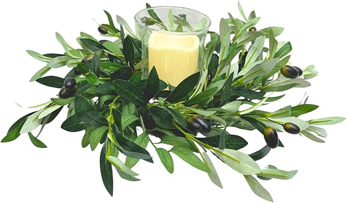 Svndlyn Artificial Olive Branch Candle Ring with Glass Hurricane, 14" Faux Greenery Wreath Centerpiece for Dining Table, Farmhouse Mantel Decor, Rustic Wedding & Year Round Arrangement