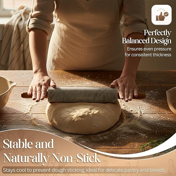 Flexzion Marble Rolling Pin Heavy Nonstick Stone Dough Roller - 10 Inch Polished Barrel with Wooden Handles & Cradle Stand for Baking Pastry Bread Pizza Cookies Pie Crust Pasta Tortillas (White)