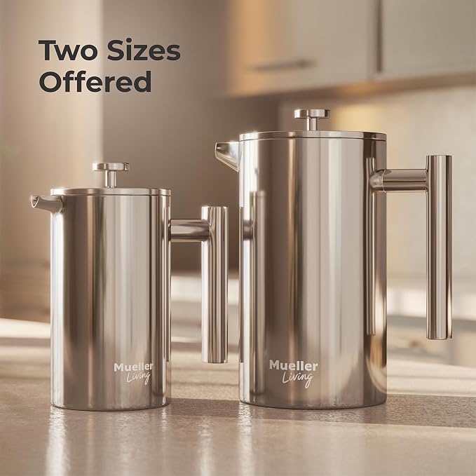 MuellerLiving French Press Coffee Maker 34oz, Stainless Steel French Press Coffee, 4 Filter Heat Resistant Double Insulated, Rust-Free, Food Grade, Dishwasher Safe Coffee Pot | 34oz | Stainless Steel | 4 Filter Heat Resistant Double Insulated | Rust-Fr...