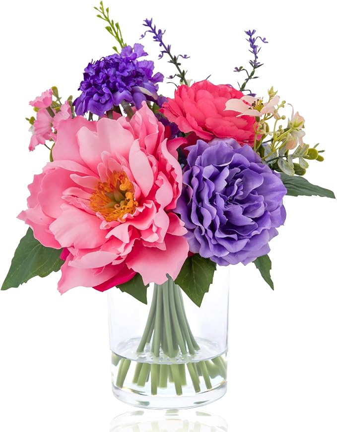 WELL KNOWN Artificial Flowers in Vase with Fake Water, Pink & Purple Silk Flowers Fake Ranunculus Peonies Lilac Bouquet for Home Wedding Party Dining Table Baby Shower Decor & Birthday Gift (Violet)