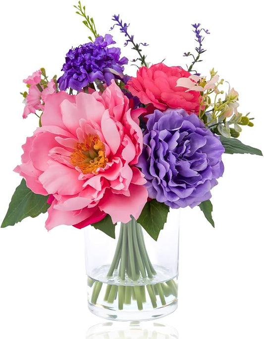 WELL KNOWN Artificial Flowers in Vase with Fake Water, Pink & Purple Silk Flowers Fake Ranunculus Peonies Lilac Bouquet for Home Wedding Party Dining Table Baby Shower Decor & Birthday Gift (Violet)