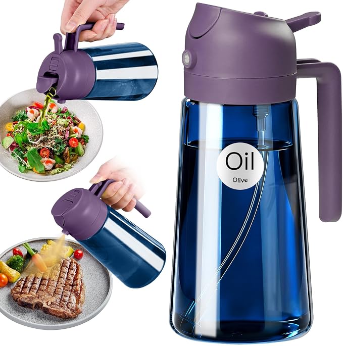 YARRAMATE 16oz/470ml Light-Blocking Dark Oil Sprayer for Cooking, 2 in 1 Olive Oil Dispenser Bottle for Kitchen, Premium Blue Glass Oil Bottle, Food-Grade Oil Mister for Air Fryer, BBQ (Purple)