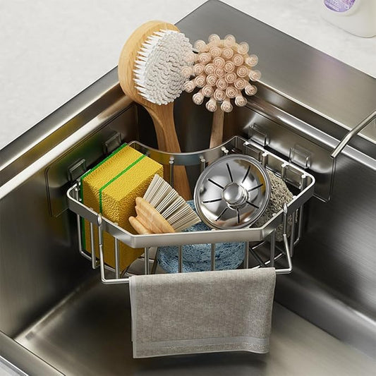 Corner Sink Organizer, Silver Stainless Steel Sponge Holder with Towel Bar, Self-Adhesive Kitchen Storage Rack