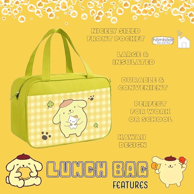 Lunch Bag Cooler Tote Large Insulated Kawaii Leak Proof Food Portable Waterproof Reusable Anime for Work Picnic Travel (Yellow Pom Pom)