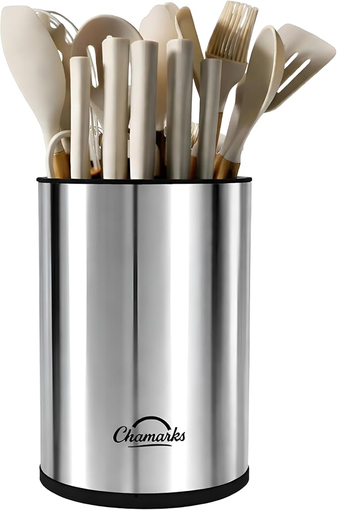 3-in-1 Kitchen Utensil Holder for Countertop with Knife Block and Silverware Caddy. (Silver)