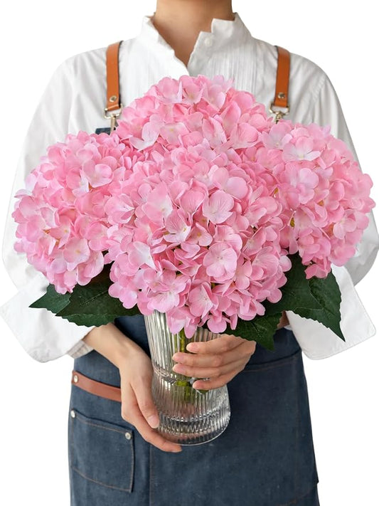 JINWOE Pink Silk Hydrangea Fake Flowers, 4PCS 21" Large Lifelike Outdoor Artificial Flowers Bouquets Faux Hydrangea Stems for Home Wedding Party Table Core Decoration