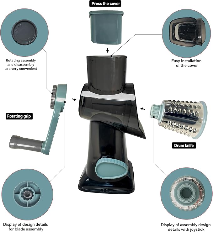 Ultra Rotary Cheese Grater – Manual Hand Crank Cheese grater & Vegetable Chopper 3 Sharp Blades & Reinforced Suction Base - Grater for cheese shredder Nuts, Vegetable - Essential Kitchen Gadgets